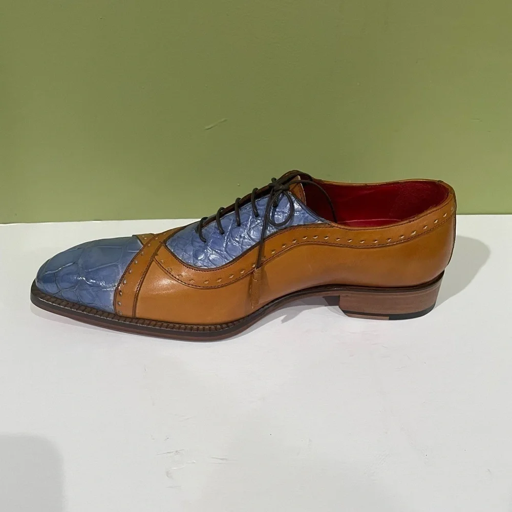 Fennix Italy shoes leather calf/alligator cognac/blue cap toe - Picture 3 of 5